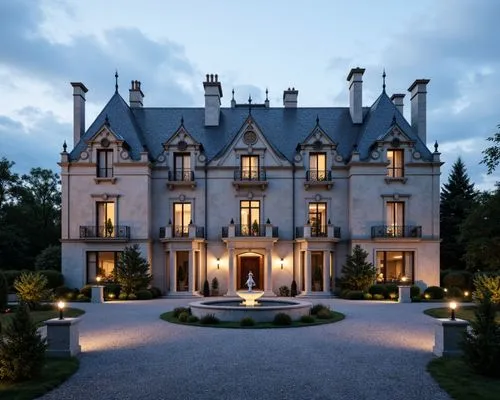 A majestic French Renaissance-style château, intricately crafted from pale limestone, stands at the end of a grand, gravel-covered driveway. Tall, slate-gray mansard roofs, symmetrical chimneys, and d