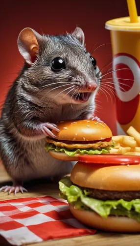 surrealism painting, 16k, extreme detail, fine textures, deep shadows, dark, sharp lines, ((cute big-eyed shrew is fat eating too many fastfood hambugers)). strong contrast.  cute cartoon characters.,