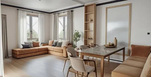 Bright interior of a living room with a dining area. Light walls, soft sofas, chairs with fabric upholstery. Parquet on the floor, light curtains on the windows. Green plant in a pot,an elegant kitche