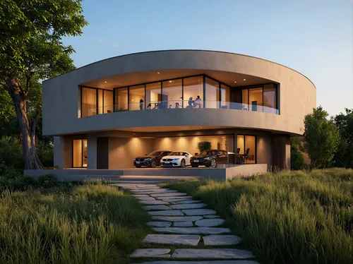Photorealistic architectural visualization of a luxurious, contemporary off-grid 4-levels villa during the cinematic golden Hour. L-shaped residential building. The residence features sweeping, curved