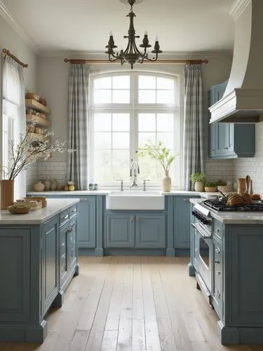 A serene indoor design emphasizing natural materials and a muted blue palette. The cabinetry in soft grey-blue tones is paired with rustic wooden flooring and a marble-textured island. A large window 