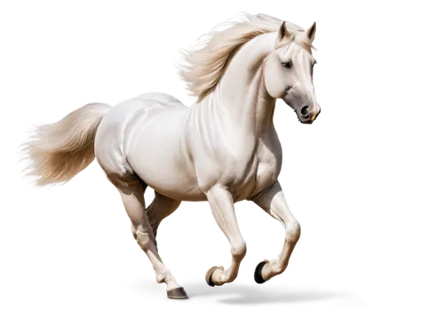 White horse, majestic, solo, (adult), flowing mane, bright brown eyes, strong muscles, galloping, freedom, wild spirit, shiny coat, detailed fur texture, soft sunlight, cinematic composition, panorami