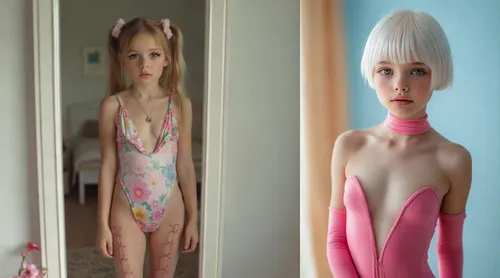 The characters in the picture are kissing each other.,doll looking in mirror,anorexia,barbies,fashion dolls,female doll,designer dolls,leotards,dress doll,doll figures,anorexics,bodysuits,rubber doll,