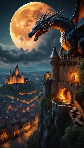 A large medieval fantasy city, night, the moon is shining brightly, glare from the moon, a castle with fortresses on a hill, a huge dragon flies over the city and pours fire on the city, there is a fi