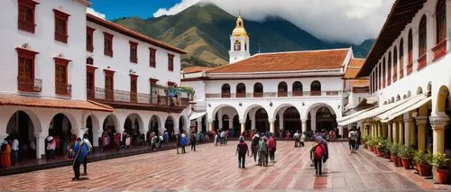 Historic Ecuadorian architecture, colorful buildings, ornate balconies, intricate stone carvings, wooden doors with metal knockers, red-tiled roofs, white-washed walls, grand colonial-style structures