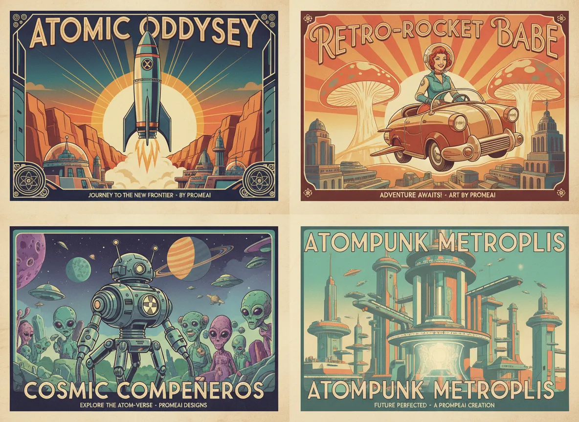Una griglia di quattro diversi design di poster Atompunk generati da PromeAI, che mostrano variazioni di colore e composizione.