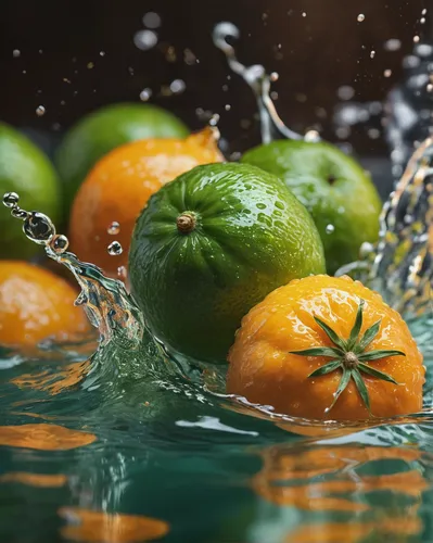 Fresh green tangerine seamless background, dropping in the water, splash water，Award-winning photography, photorealistic, hyper-realistic, maximum detail, epic composition, instagram, 8k, volumetric l