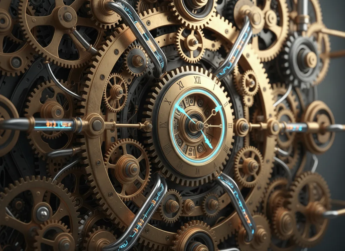 Eine detailreiche Nahaufnahme eines KI-generierten Uhrwerkmechanismus, die komplexe Zahnräder und Rohre mit realistischen metallischen Reflexionen zeigt.