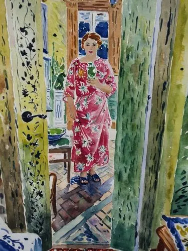 a painting of a woman in a red dress,kimono fabric,glass painting,muumuu,kimono,fabric painting,painting pattern