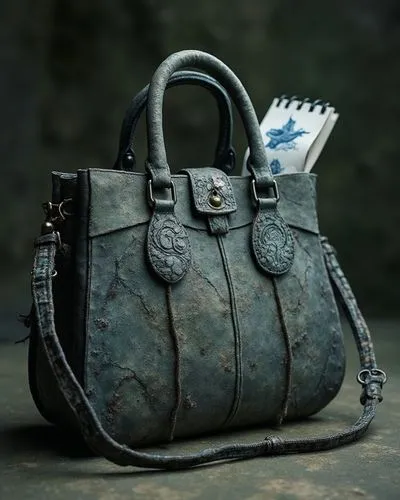 a handbag designed like a dragon head with intricate designs, positioned in the center of the image, three large gothic-style laces on either side of the left strap, one light blue and one dark brown 