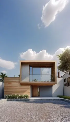 a wooden and glass house sits upon a brick surface,modern house,prefab,dunes house,prefabricated,cubic house,render