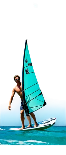 Windsurfer, male, athletic build, strong legs, sporty sunglasses, messy short hair, tropical weather, bright sunlight, turquoise ocean water, waves crashing, sailboard, dynamic movement, action shot, 