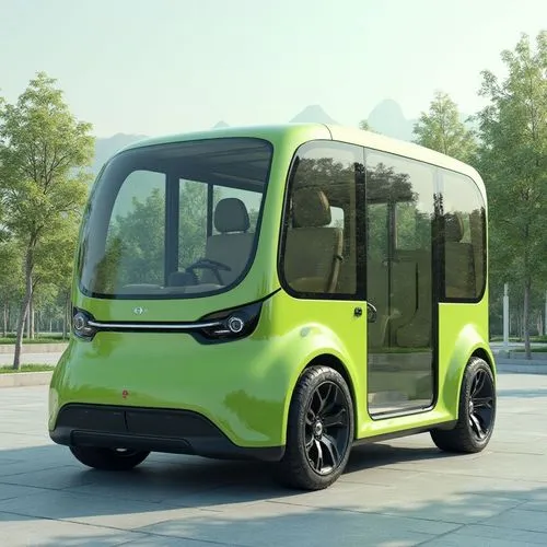 A modern electric minibus designed for eco-friendly group transportation. The vehicle has a clean, boxy shape with an innovative foldable roof for extra cargo space. The exterior is covered in bright 