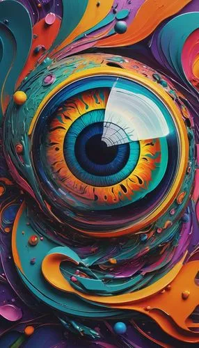 Macro eyeball, surreal collage, abstract background, vibrant colors, glossy texture, shiny reflections, irregular shapes, messy composition, bold brushstrokes, playful lighting, eerie atmosphere, 3D r