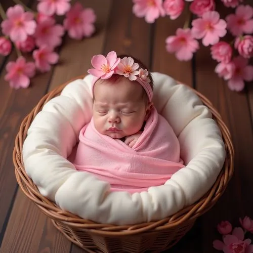 The image shows a newborn baby peacefully sleeping in a cozy wicker basket lined with soft, white fabric. The baby is wrapped in a pink sheer cloth and adorned with a pink flower headband. The backgro