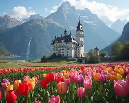 a picturesque Swiss castle with shades of white, black, taupe and light pink with a iconic snowcapped mountain, a prominent blue waterfall, and plain with colorful red, pink, yellow, and purple flower