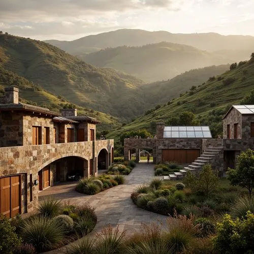 Rustic winery, rolling hills, lush vineyards, stone walls, wooden barrels, wine cellar doors, curved staircases, earthy tones, natural textures, Mediterranean-inspired architecture, modern fusion desi