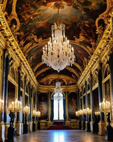 Baroque Palace, Versailles, France, grandiose architecture, ornate decorations, gold accents, marble floors, high ceilings, crystal chandeliers, fountain show, Hall of Mirrors, Royal Chapel, Opera Roy