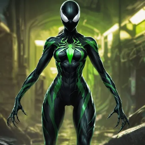 Female symbiote with large black and green chest.,symbiote,osborn,tiberium,rinzler,green skin,patrol,antivenom,symbiotes,anansi,ragman,aaaa,sycorax,volthoom,green black,electro,hal,webman,narvel,super
