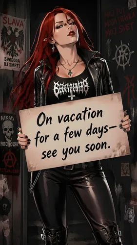 Manga style:

Sasha, a woman of Slavic descent in her thirties, 1.68m tall, with small pointed ears, long scarlet hair, red eyes, and an athletic build.
She is wearing a black leather jacket, a black 