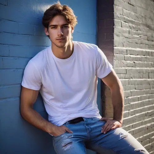 Young adult, casual wear, relaxed posture, messy brown hair, bright blue eyes, gentle smile, light stubble, white T-shirt, ripped jeans, black sneakers, leaning against wall, city street, urban backgr