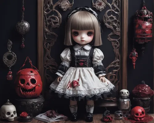 Illustrate a yami kawaii artwork featuring a doll-like character and elements of horror.,doll kitchen,killer doll,the japanese doll,japanese doll,doll dress,artist doll,doll house,painter doll,wooden 