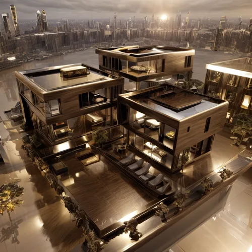 a digital rendering of modern houses on the water's edge,cube stilt houses,penthouses,render,lofts,redevelop,new housing development,modern house,modern architecture,urban development,cubic house,resi