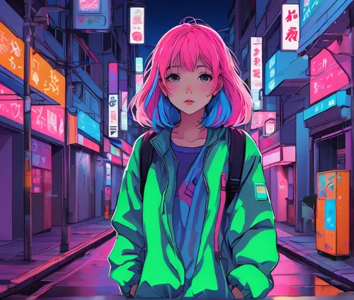 Anime girl in a neon street, flat drawing, anime, aesthetic , alone, adventure, rare gallery HD phone wallpapers,neon,shibuya,colorful city,taipei,neon light,jacket,neon candies,neon colors,shinjuku,t
