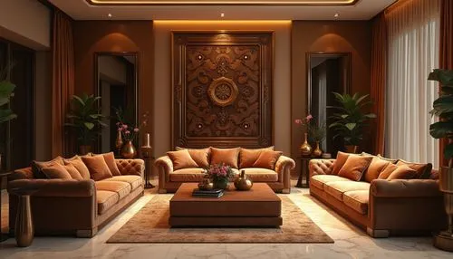 Bronze color accent, luxurious interior design, modern villa, spacious living room, sophisticated atmosphere, metallic sheen, warm golden lighting, marble floors, ornate bronze vases, decorative bronz