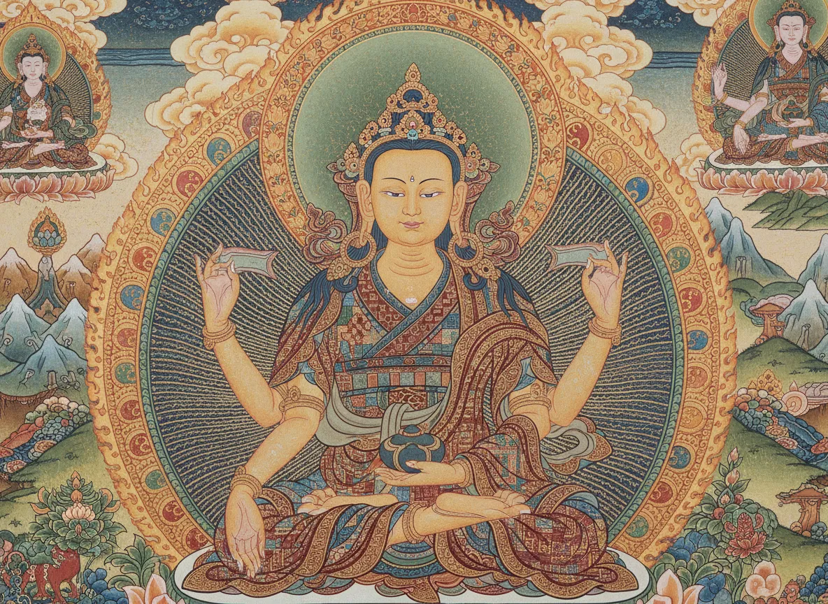 Eine Nahaufnahme eines KI-generierten Thangka, die die feinen Linien und detaillierten Texturen in den Gewändern und dem Heiligenschein der Gottheit hervorhebt.