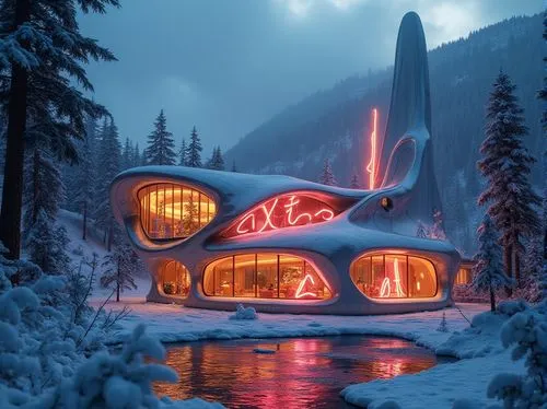 Futuristic ski center, Expressionism style, bold angular lines, vibrant neon lights, curved dynamic shapes, metallic materials, reflective surfaces, irregular geometric structures, abstract sculptures