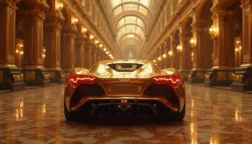 /imagine prompt: Golden luxury sports car in a grand hall with ornate architecture. --v 5 --ar 16:9,a gold colored car sits on a shiny floor in a mall,formula lab,metropolitan,car wallpapers,luxury sp