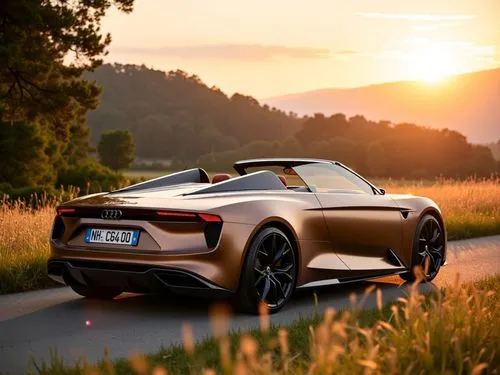 0201 ein futuristisches Audi cabriolet-limousine in braun metallic und  in einer sommerlandschaft,a silver, sportsy concept car in front of a sunset,bmw i8 roadster,tvr,aston martin vulcan,italdesign,