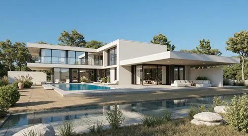 A photo-realistic rendering of a modern, minimalist house with a contemporary design. the house is situated on a hillside, surrounded by lush greenery and trees, with a clear blue sky in the backgroun