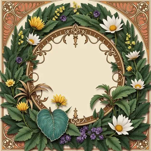 Intricate botanical illustrations, flowing organic lines, ornate metalwork, luxurious velvet fabrics, rich jewel-toned colors, emerald green, sapphire blue, amethyst purple, golden yellow, soft peach 