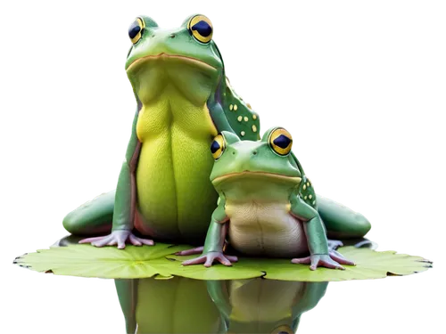 green frogs, multiple, different sizes, sitting, jumping, playing, water lily pads, aquatic plants, clear water, shiny skin, big round eyes, vibrant colors, soft focus, natural lighting, 3/4 compositi