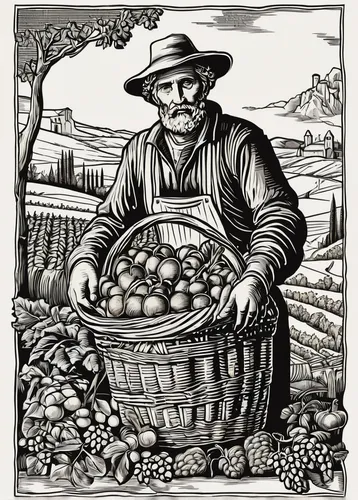 Farmer with basket of harvest vector | Price: 1 Credit (USD $1),picking vegetables in early spring,basket weaver,winemaker,farmworker,still life with onions,farmer,basket maker,david bates,agriculture