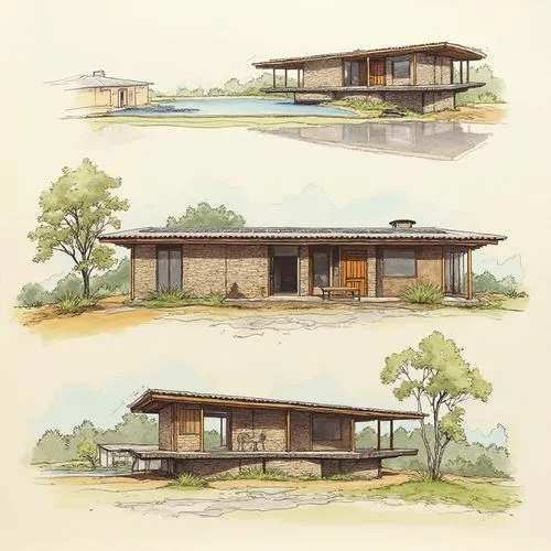 An architectural sheet that shows different perspectives of the two-level house, the architecture of this house will be of a country type between the ancient and the modern, it will be located on the 