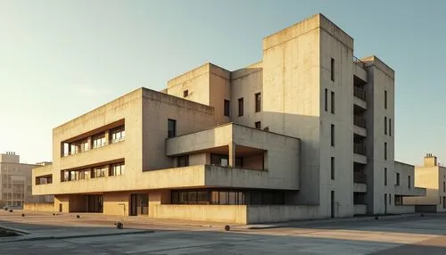 Bauhaus architecture, modernist building, sandy-casted concrete materials, brutalist texture, geometric shapes, minimalist decoration, functional design, clean lines, rectangular windows, flat roof, u