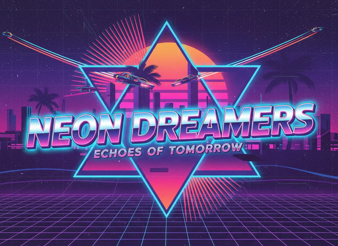 एक सिंथवेव पोस्टर डिज़ाइन का विस्तृत क्लोज़-अप जिसमें एक जीवंत रेट्रो फ्यूचरिस्टिक वॉलपेपर पर बोल्ड, चमकदार क्रोम टेक्स्ट है।