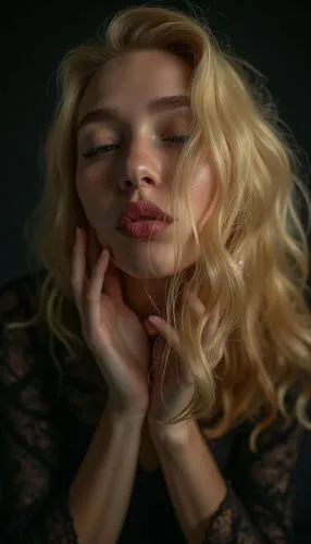 An ethereal and captivating portrait: A blonde woman with abundant, vibrant hair, her eyes closed, giving air kisses. Her vibrant locks, hiding one of her eyes, add mystery and sensuality. The dark ba