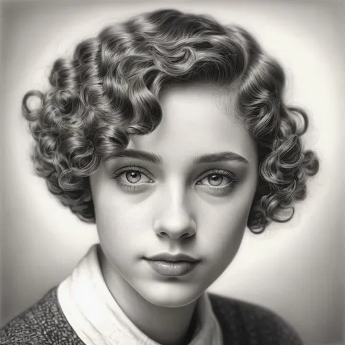 Ultra-realistic pencil drawing portrait of a young person with short curly hair in 1920s/1930s vintage style, featuring detailed hair texture with perfect shading and highlights, expressive eyes with 