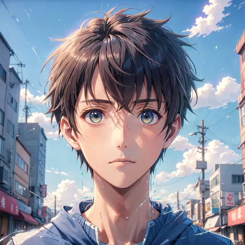 blue sky,anime cartoon,anime boy,violet evergarden,summer sky,anime japanese clothing,city ​​portrait,anime 3d,honolulu,anime,blue sky clouds,covered sky,blue sky and clouds,takato cherry blossoms,por
