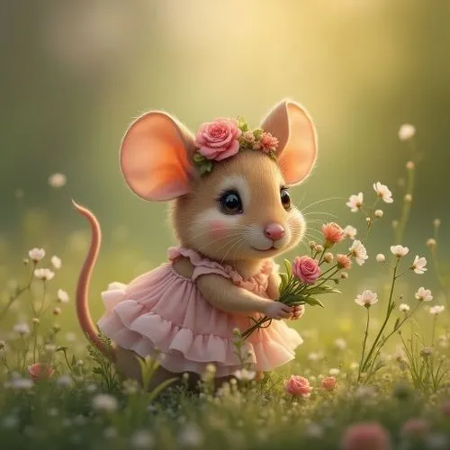 a cartoon mouse sitting in the grass with a flower,tittlemouse,dormouse,field mouse,flower animal,despereaux,mousie