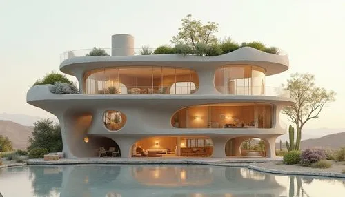 A model of a multi-story house Solar  Plans  a green roof, featuring solar panels and numerous plants on the exterior walls. The interior is visible through large windows, showing furnished rooms with