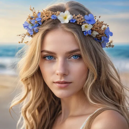 the most hottest girl at the beach with long hair and blue eyes and the sea with sand and flowers on her hair,flower crown,beautiful girl with flowers,spring crown,summer crown,flower crown of christ,