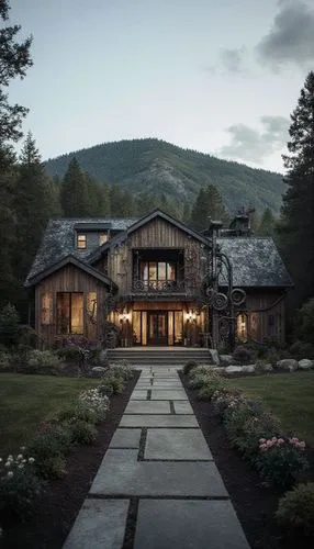 Modern country house in high-tech style. Located in the forest on the background of the hill. Materials, porcelain tile wood plastic. In front of the house a path with flower beds and alpine hills. Fr