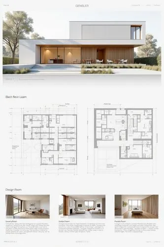 A professional architectural presentation board with a Pure background and a clean, minimalist design layout. The board includes:

Top Section: On the top left, a photorealistic render of a contempora