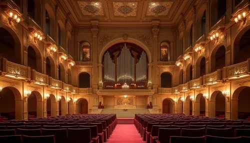 Grand music hall, Romanesque style, ornate decorations, intricate carvings, high ceilings, large chandeliers, grand staircase, red carpet, golden accents, luxurious curtains, elegant candelabras, refi