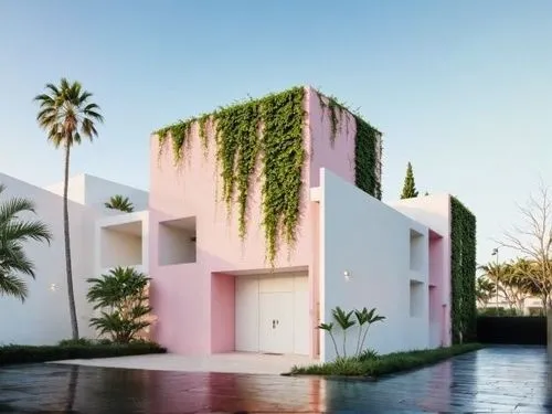 CELOSIA DE CONCRETO MODULAR EN COLOR BLANCO,a couple of very large buildings near each other,pink squares,cube house,cube stilt houses,cubic house,dunes house,modern architecture,mid century house,mod